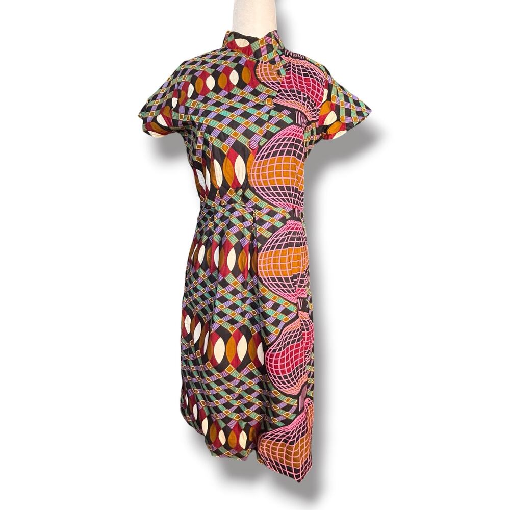 Debbo Dakar Ankara Print Dress Abstract Colorful Lantern‎ Motif Mandarin Collar